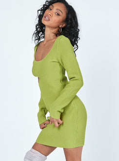 side view of model wearing Princess Polly Giana Long Sleeve Mini Dress Green 
