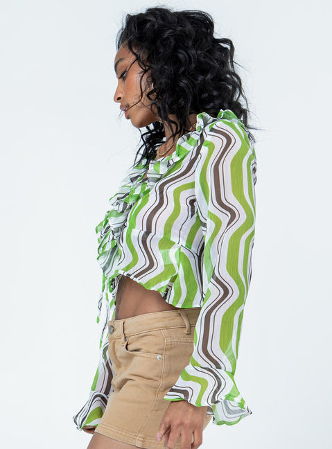 side view of model wearing Princess Polly Colby Long Sleeve Top Multi Full Sleeves Plunger 