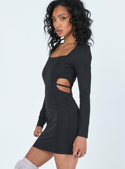 side view of model wearing Princess Polly Elizabeth Mini Dress Black 