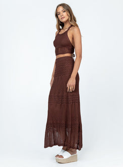 Matching set Crochet material  Halter neck top Exposed back High-waisted maxi skirt  Elasticated waistband 