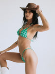 Green cheeky cut bikini bottoms Gingham print Adjustable coverage Slim sides Fully lined