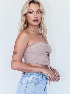 side view of model wearing Princess Polly Kerlin Top Brown 