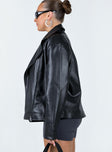 Oversized jacket Faux leather material  Classic collar  Zip front fastening Single hip pockets