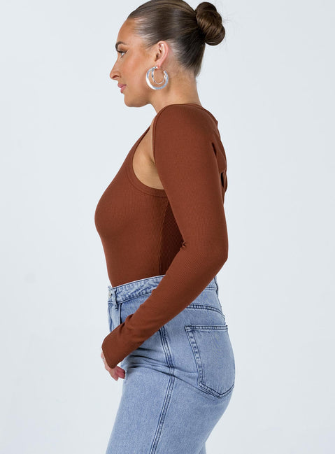 side view of model wearing Princess Polly Bray Bolero Tank Bodysuit Brown Sleeveless Crew Neck 