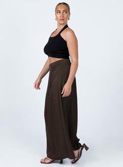   side view of model wearing Princess Polly Baldwin Maxi Skirt Brown 