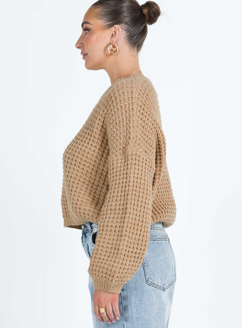 side view of model wearing Princess Polly Calvary Sweater Beige Long 