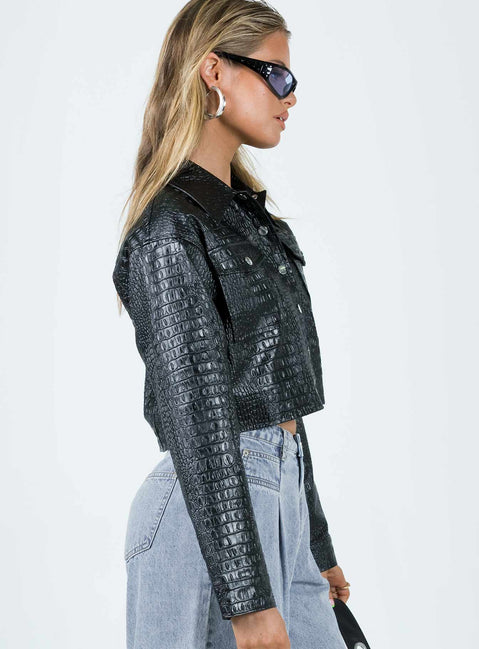 Cropped jacket Faux leather material Croc print Classic collar Press button fastening Twin chest pockets Single button cuff