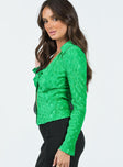 Long sleeve top Silky material Plisse design Twist at bust Classic collar V-neckline Open front