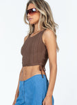 side view of model wearing Princess Polly Connells Top Brown Sleeveless Crew Neck 