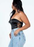 side view of model wearing Princess Polly Benko Strapless Bodysuit Black Sleeveless straight 