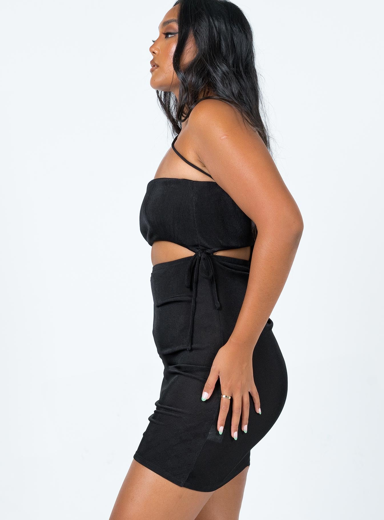 side view of model wearing Princess Polly Imelda Mini Dress Black 