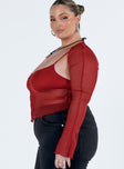 Two piece set Mesh material Crop top Adjustable shoulder straps Curved neckline Split hem Long sleeve bolero Flared cuff Lettuce edge hem Good stretch Lined bust