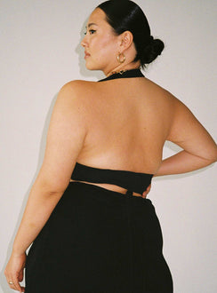 back view of model wearing Princess Polly Jordy Top Black Curve Eco Sleeveless Plunger 