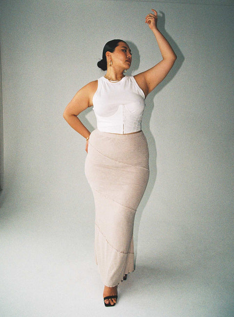   front view of model wearing Princess Polly Oscar Maxi Skirt Beige Curve Maxi 