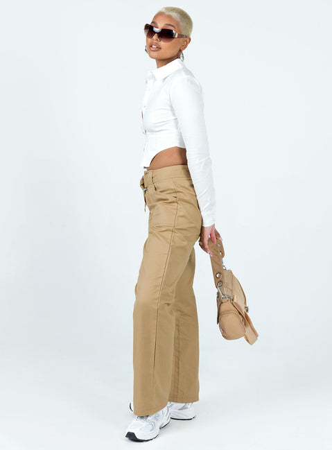 side view of model wearing Princess Polly Burdem Low Waist Pants Camel 