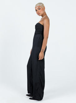 Strapless jumpsuit Folded neckline Inner silicone strip at bust Invisible zip fastening at back