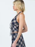 Halter top Tartan print V neckline Elasticated band at back Tie front fastening Split hem