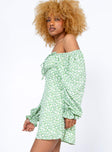 side view of model wearing Princess Polly Love Birds Long Sleeve Mini Dress Green 