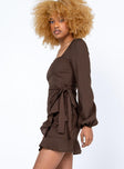 side view of model wearing Princess Polly The Villa Mini Dress Brown 