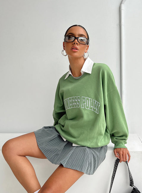 side view of model wearing Princess Polly Princess Polly Crew Neck Sweatshirt Collegiate Text Green 
