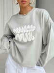 back view of model wearing Princess Polly Princess Polly Crew Neck Sweatshirt Bubble Text Grey / Cloud White Long 