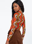 back view of model wearing Princess Polly Hammond Long Sleeve Top Brown Multi 