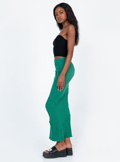   side view of model wearing Princess Polly Oscar Maxi Skirt Forest Green 