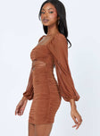 side view of model wearing Princess Polly Courtney Long Sleeve Mini Dress Brown 