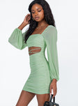 side view of model wearing Princess Polly Courtney Long Sleeve Mini Dress Green 