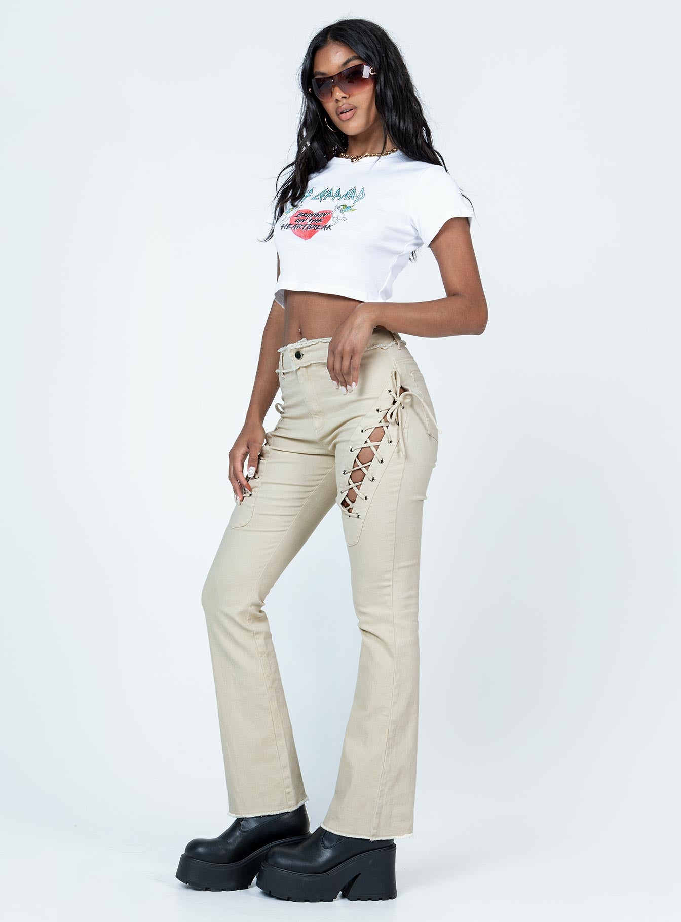 front view of model wearing Princess Polly Parise Pants Beige 