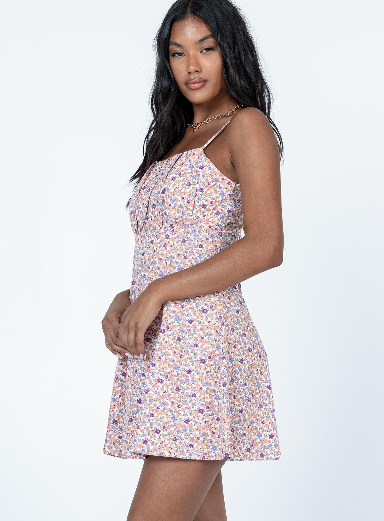 side view of model wearing Princess Polly Season Of Love Mini Dress Orange Square Neck 