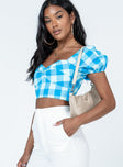 side view of model wearing Princess Polly Braeside Top Blue Short Sleeves Sweetheart 