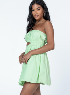 side view of model wearing Princess Polly Karen Mini Dress Sage Green Square Neck 