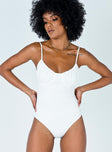 front view of model wearing Princess Polly Levey Bodysuit White Sleeveless Scoop Neck 