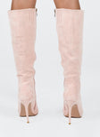 Knee-high boots Faux suede material Zip fastening at side Pointed toe Stilleto heel Padded footbed