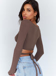 side view of model wearing Princess Polly Corey Long Sleeve Top Brown 