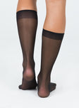 Knee high socks  Delicate sheer material - wear with care  Elasticated hem Good stretch  Unlined  OSFM