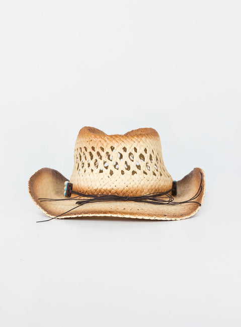 Cowboy hat Woven straw Curved wide brim  Internal adjustable drawstring Mouldable brim shape Bead detail