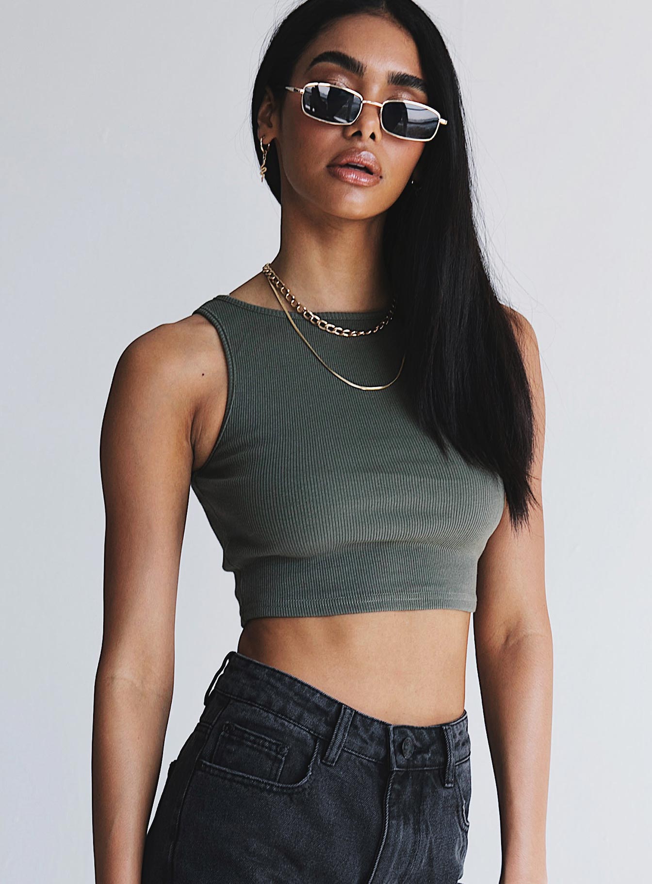 side view of model wearing Princess Polly Darlington Crop Top Khaki 