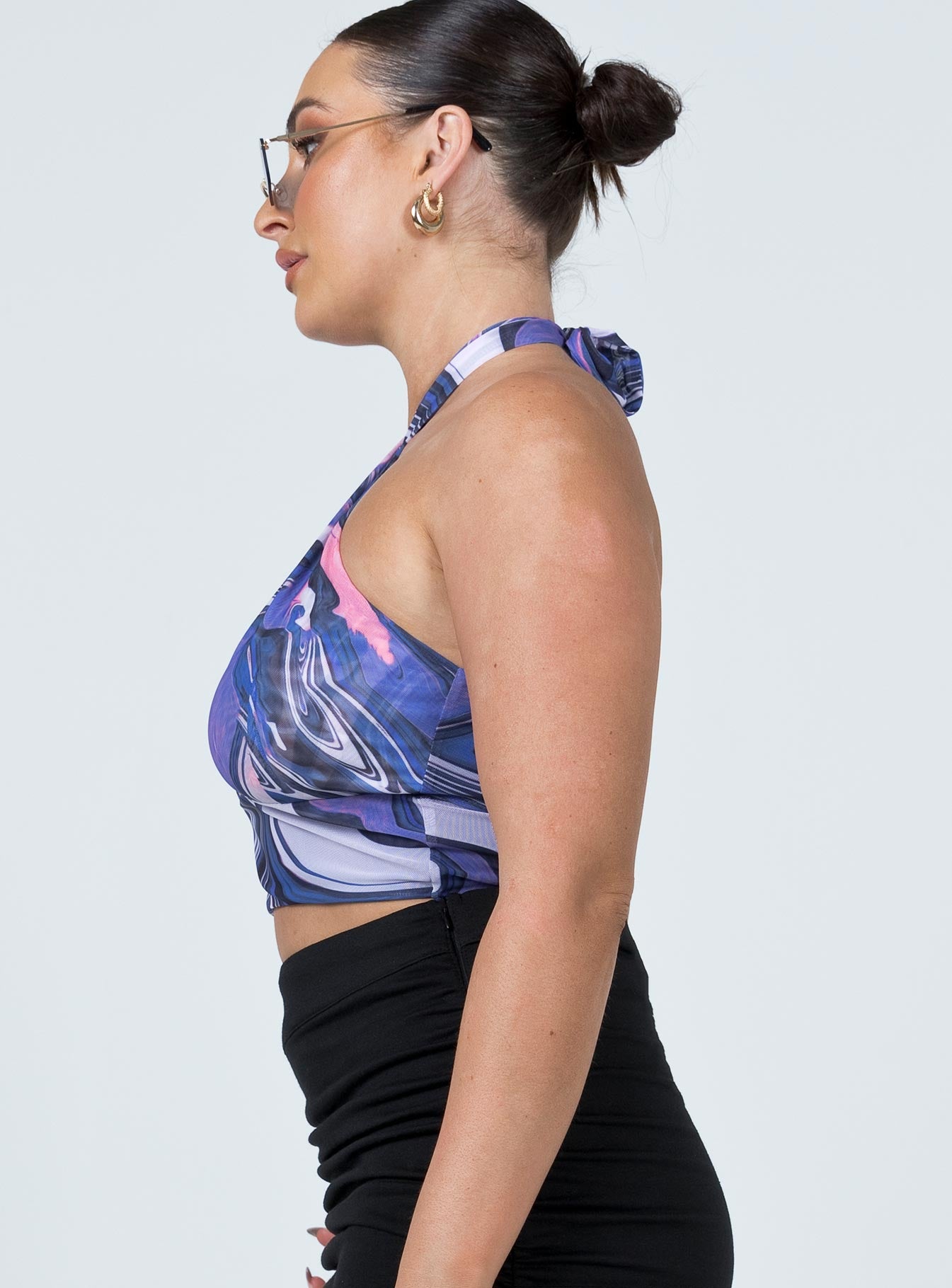 side view of model wearing Princess Polly Althea Top Blue 