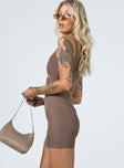 side view of model wearing Princess Polly Hudson Mini Dress Brown 