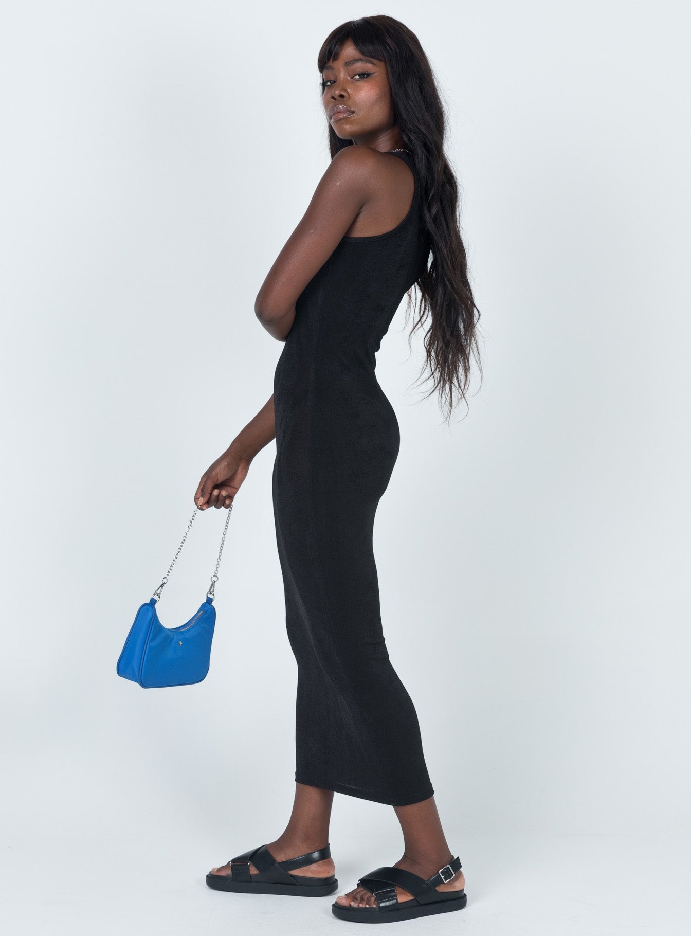 side view of model wearing Princess Polly Everlast Midi Dress Black 