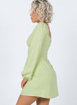 side view of model wearing Princess Polly Hastings Long Sleeve Mini Dress Green 