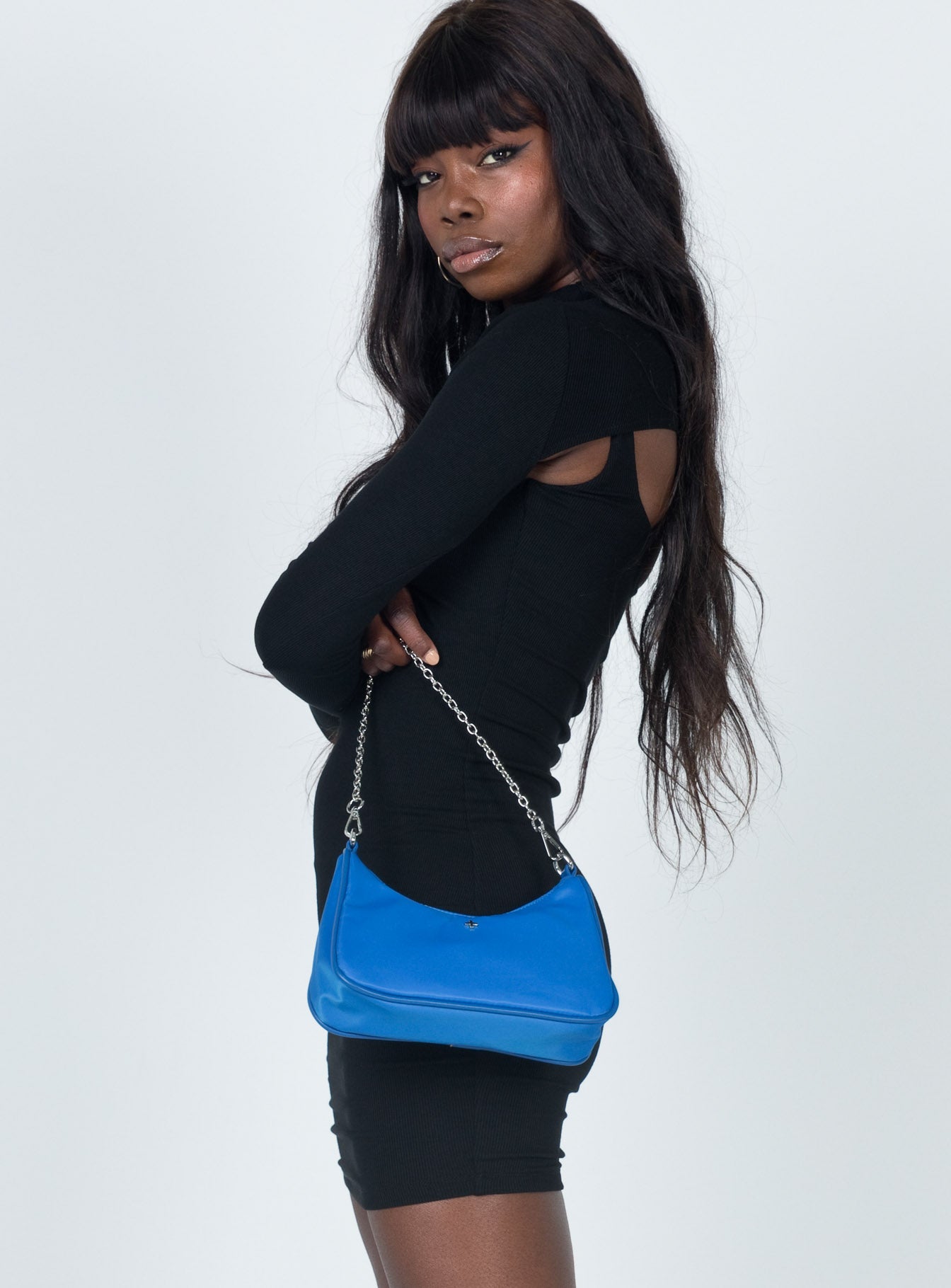 side view of model wearing Princess Polly Carmen Mini Dress Black 