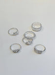 Ring pack Set of six Silver toned Each style differs Diamante detail Lightweight