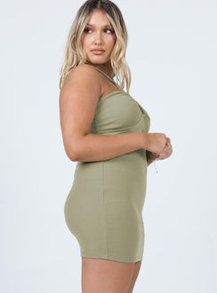 side view of model wearing Princess Polly Clarke Mini Dress Khaki 