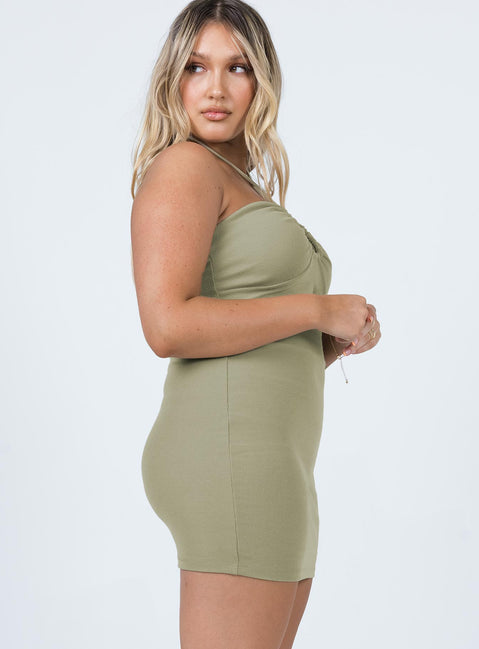 side view of model wearing Princess Polly Clarke Mini Dress Khaki 