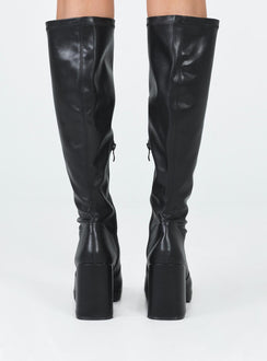 Knee high boots  Princess Polly Exclusive Faux leather material  Zip fastening at side  Rounded toe  Block heel  Platform base 