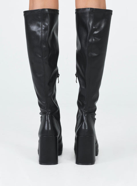 Knee high boots  Princess Polly Exclusive Faux leather material  Zip fastening at side  Rounded toe  Block heel  Platform base 