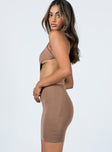 side view of model wearing Princess Polly Mia Asymmetrical Mini Dress Brown 